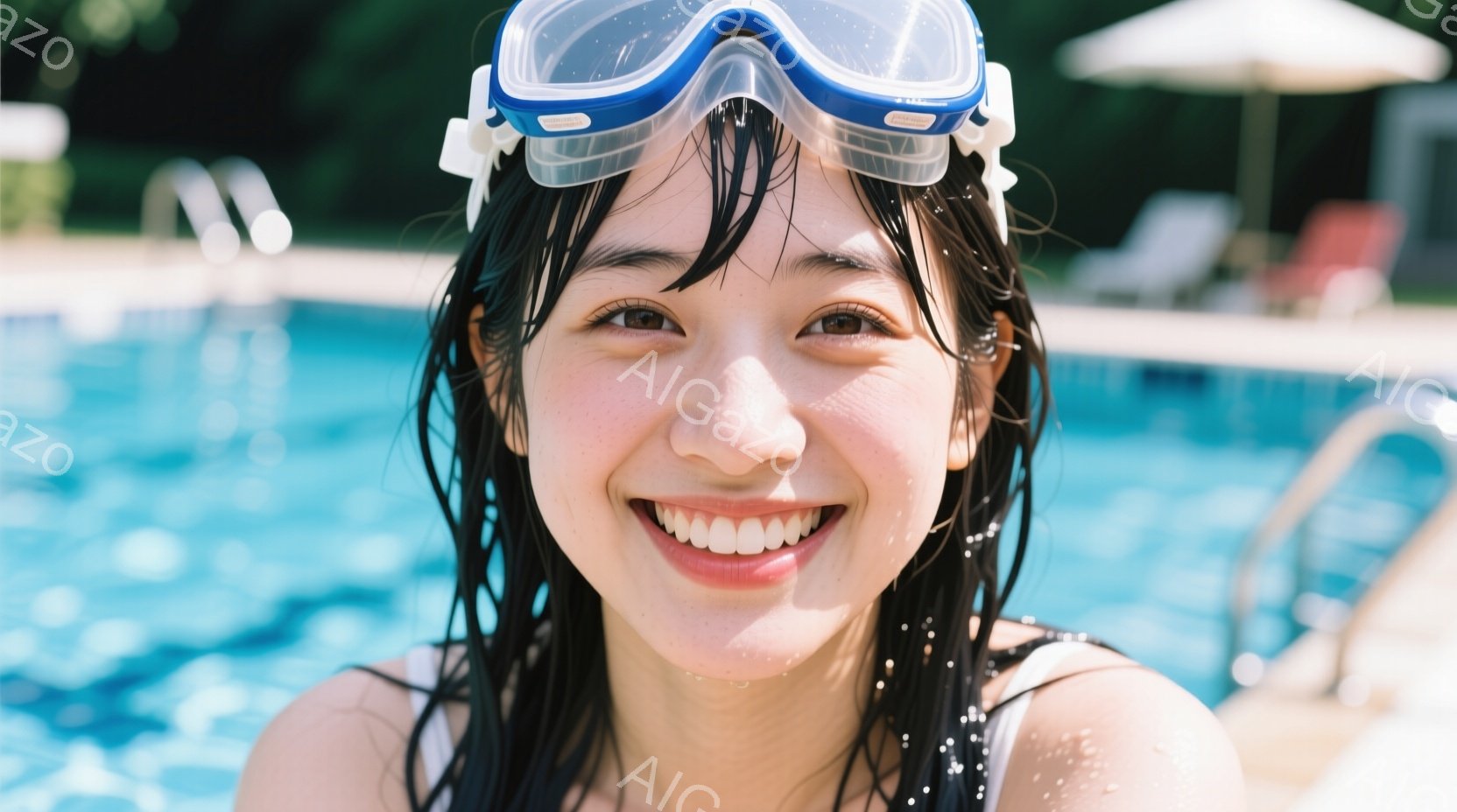 水泳キャップとゴーグルをつけた若い女性が、水中で笑顔でカメラを見ている。彼女は濡れた髪を持ち、水滴が顔にかかっている。背景には青いプールと、わずかに見えるパラソルと椅子があり、晴れた日の屋外のシーンであることがわかる。