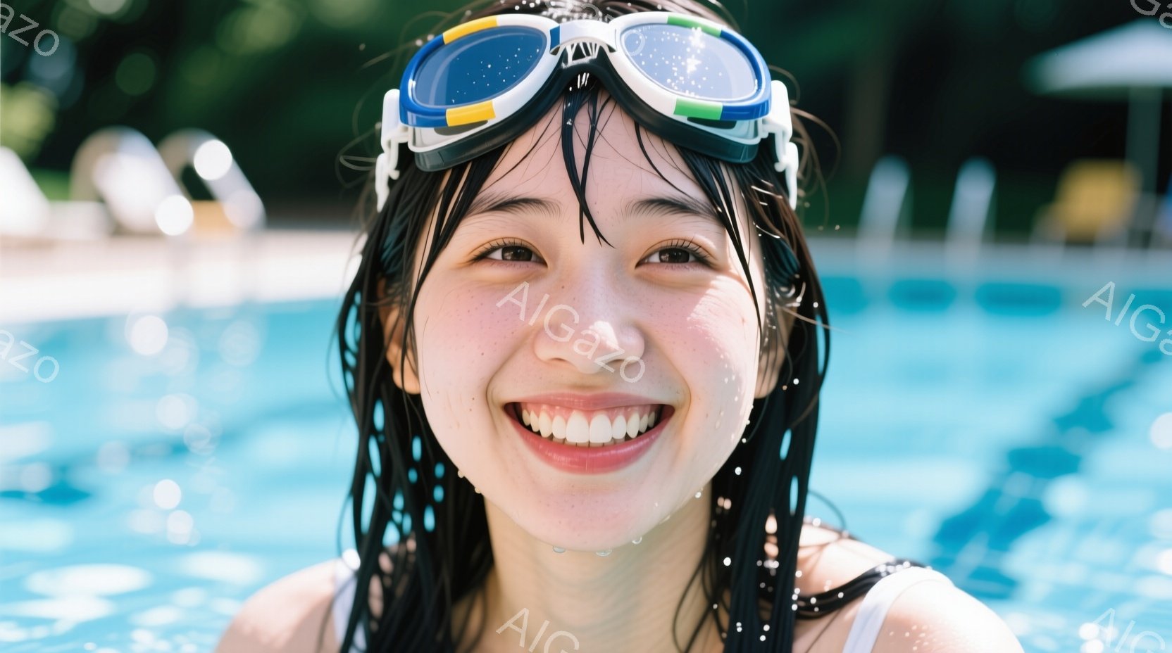 水泳キャップとゴーグルをつけた女性が、水中でカメラに向かって満面の笑みを浮かべている。濡れた黒髪が顔にかかり、水滴が肌に光っている。背景には青いプールの水面と、ぼやけた緑の木々が見え、明るく爽やかな夏 - AI生成フリー素材