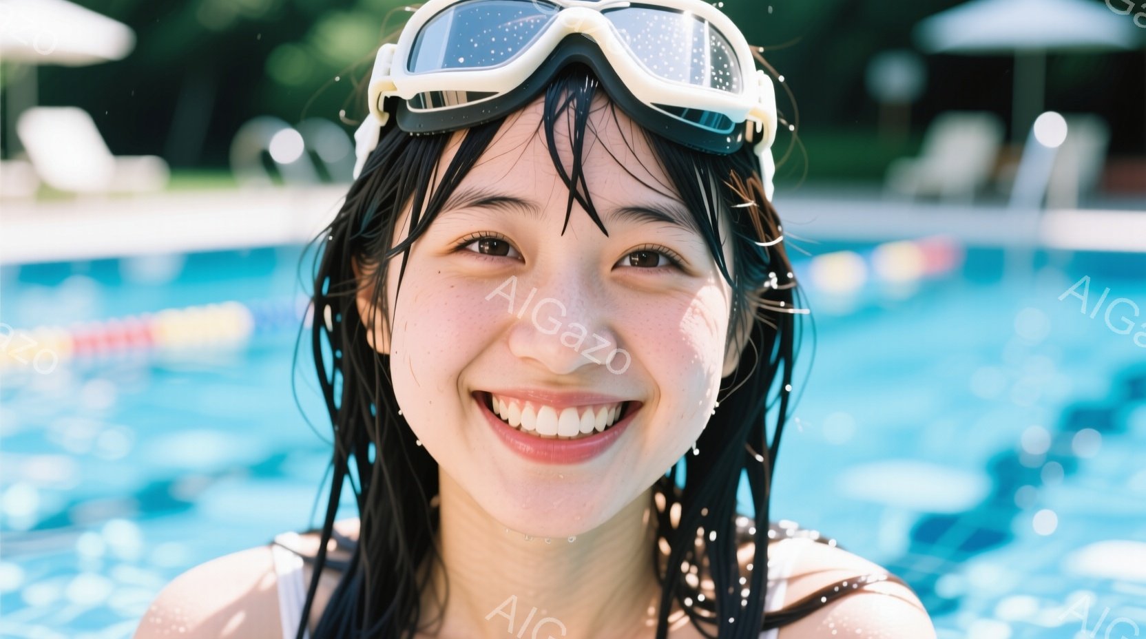 水泳帽とゴーグルをつけた女性が、水中でカメラに向かって微笑んでいます。彼女の黒髪は濡れて額に落ち、顔には水滴が見られます。背景には青いプールの水面と、ぼやけた建物のシルエットが見え、明るく爽やかな夏の雰囲気が漂っています。