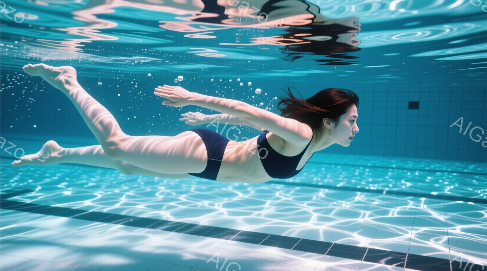 水色のプールの中で、女性が仰向けに泳いでいる様子が捉えられています。彼女は黒い水着を着用し、長く黒い髪が水中で広がっています。表情は穏やかで、リラックスした姿勢で腕を前に伸ばし、体を水平に保っています。