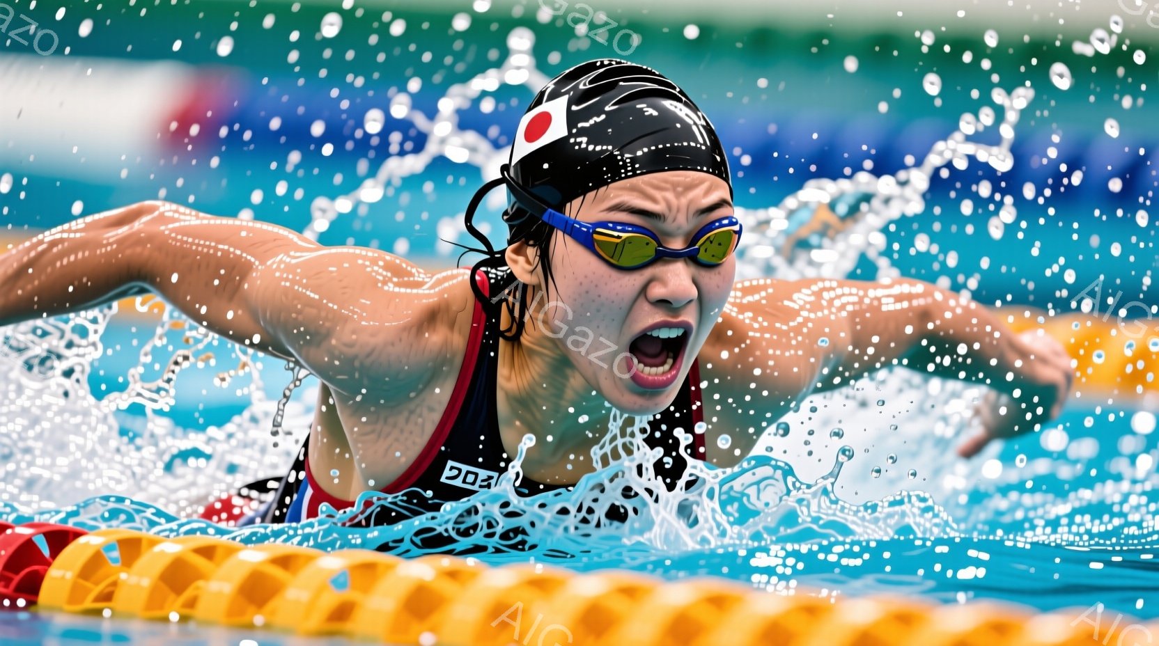 水泳競技中の女性スイマーが写っている。彼女は黒と赤の競泳用水着を着用し、ゴーグルをかけている。力強くクロールで泳いでおり、顔には集中と努力の表情が浮かび、水しぶきが飛び散る様子から激しい運動が伝わってくる。