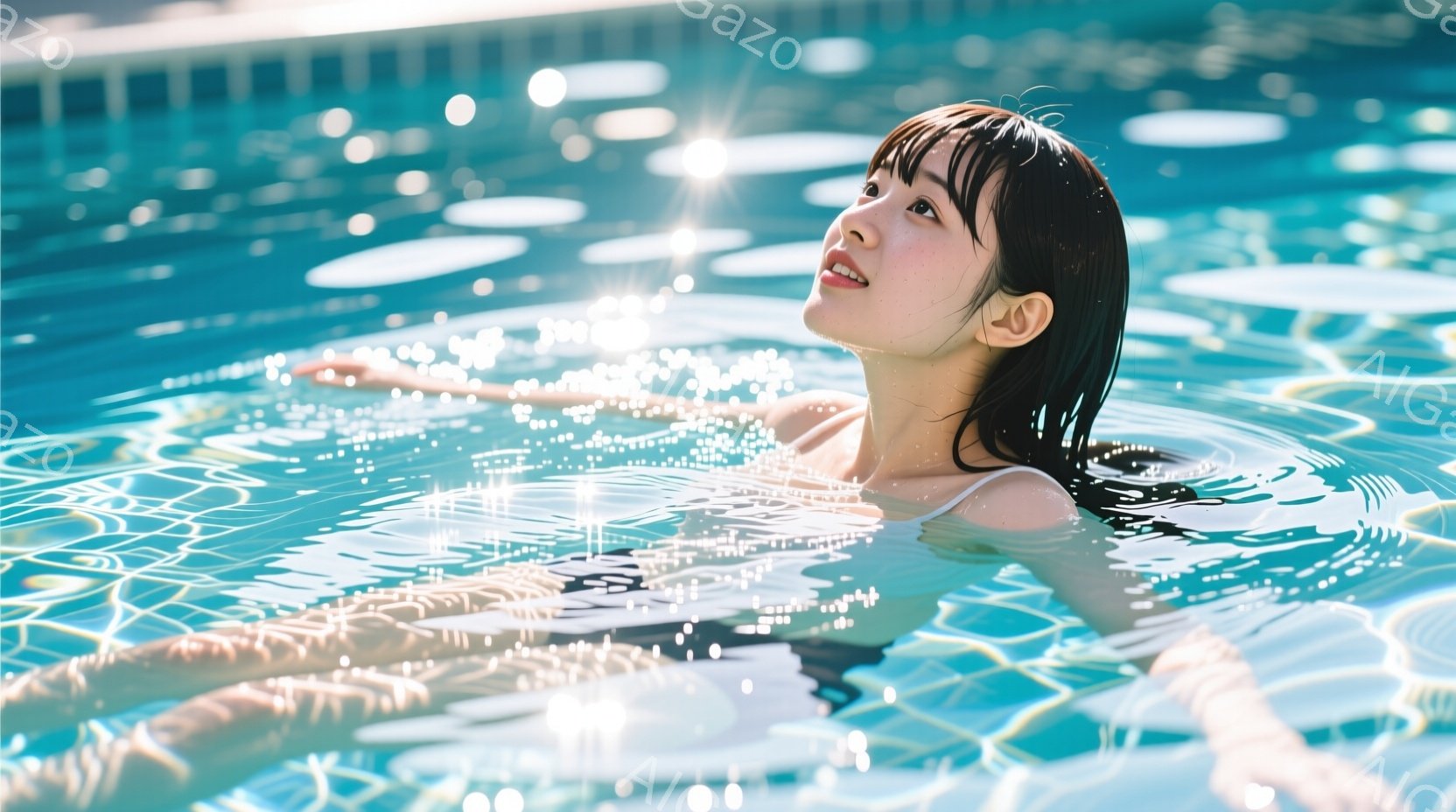 青いタイル張りのプールの中で、女性が仰向けに浮かんでいる。彼女は肩まで濡れた髪を持ち、顔は少し上向きで、穏やかな笑顔を浮かべている。水面には光が反射し、キラキラと輝き、リラックスした夏の雰囲気を醸し出 - AI生成フリー素材