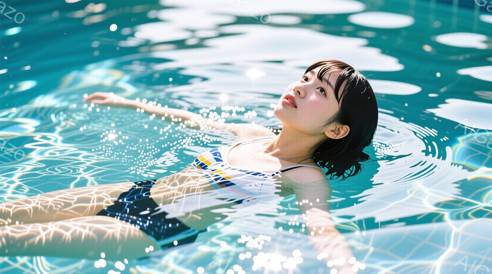 水泳競技中の男性スイマーが写っている。彼はゴーグルと水着を身につけ、力強くクロールで泳いでおり、顔は水面から少し上がり、集中した表情をしている。背景には、水面の波紋とプールを区切るカラフルなレーンロープがあり、水しぶきが躍動感を高めている。