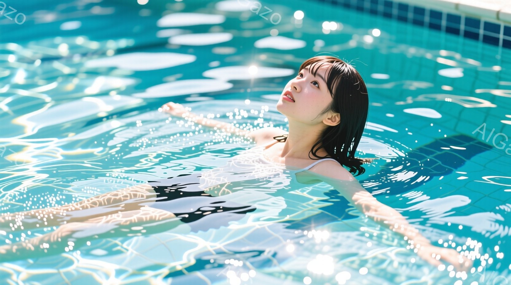水色のタイルが敷かれたプールの水中に、女性が仰向けで浮かんでいる。黒髪を濡らし、白い水着の上からレース模様のカバーアップを着ている彼女は、顔を少し上げて穏やかな表情でどこかを見つめている。水面には太陽光が反射し、キラキラとした光の粒が散りばめられ、リラックスした夏の雰囲気を演出している。