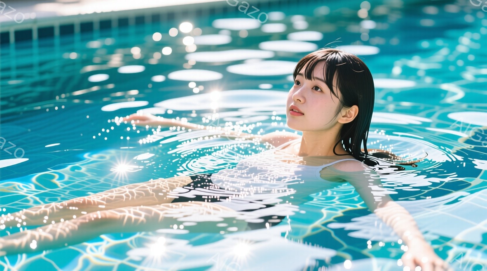 青いプールの水面に、横向きに浮かんだ若い女性が写っている。彼女は肩までの黒髪を後ろで束ね、穏やかな表情で遠くを見つめている。水面の光の反射が美しく、リラックスした夏の雰囲気を醸し出している。 - AI生成フリー素材