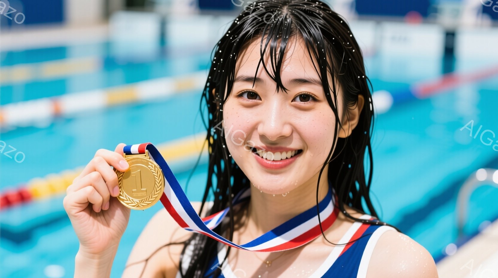 水泳競技が終わったばかりの女性が、金メダルを手に笑顔を見せています。濡れた黒髪を後ろで束ね、水着姿で、顔には水滴が光っています。背景は水色のプールの壁と水面で、競技場の活気と達成感が伝わってきます。