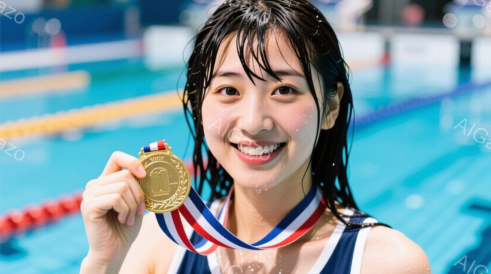 競技場で金メダルを首から下げ、満面の笑みを浮かべる若い女性スイマーが写っている。濡れた髪は顔にかかり、水泳後の様子が伺える。背景はプールの水面とレーンロープ、そしてぼやけた観客席で、勝利の喜びと達成感が伝わる一枚である。