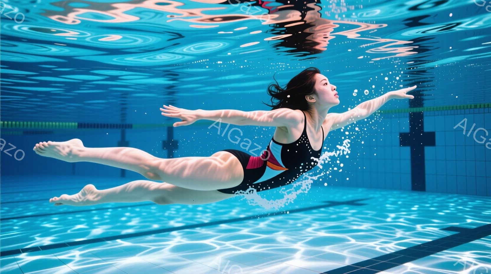 水泳場で水中にいる女性が写っている。黒い水着を着ており、髪は濡れて広がっている。彼女は両手を前に伸ばし、脚を伸ばして水平に泳いでいる様子で、リラックスした表情で水中を優雅に進んでいる。