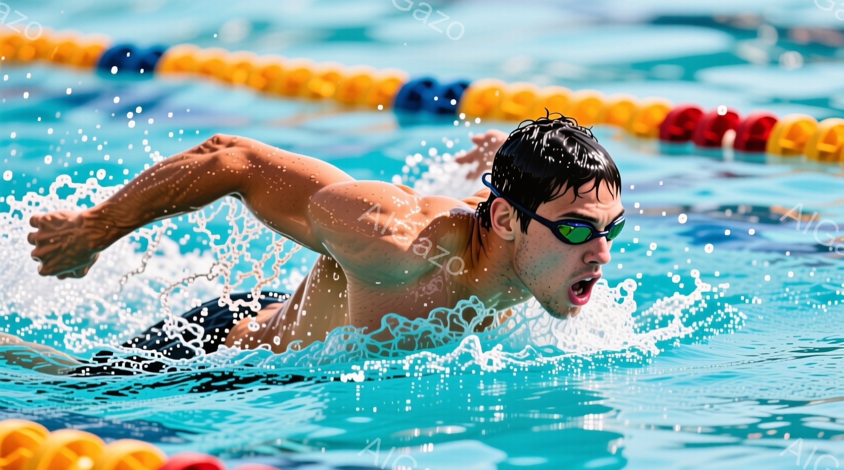 男性の水泳選手が競泳プールでクロールで泳いでいる様子が写っている。彼は黒い水着を着ており、ゴーグルをかけ、水しぶきを上げながら力強く腕を伸ばしている。背景にはカラフルなレーンロープがあり、水面は光を反射して明るく、競技の活気を感じさせる。