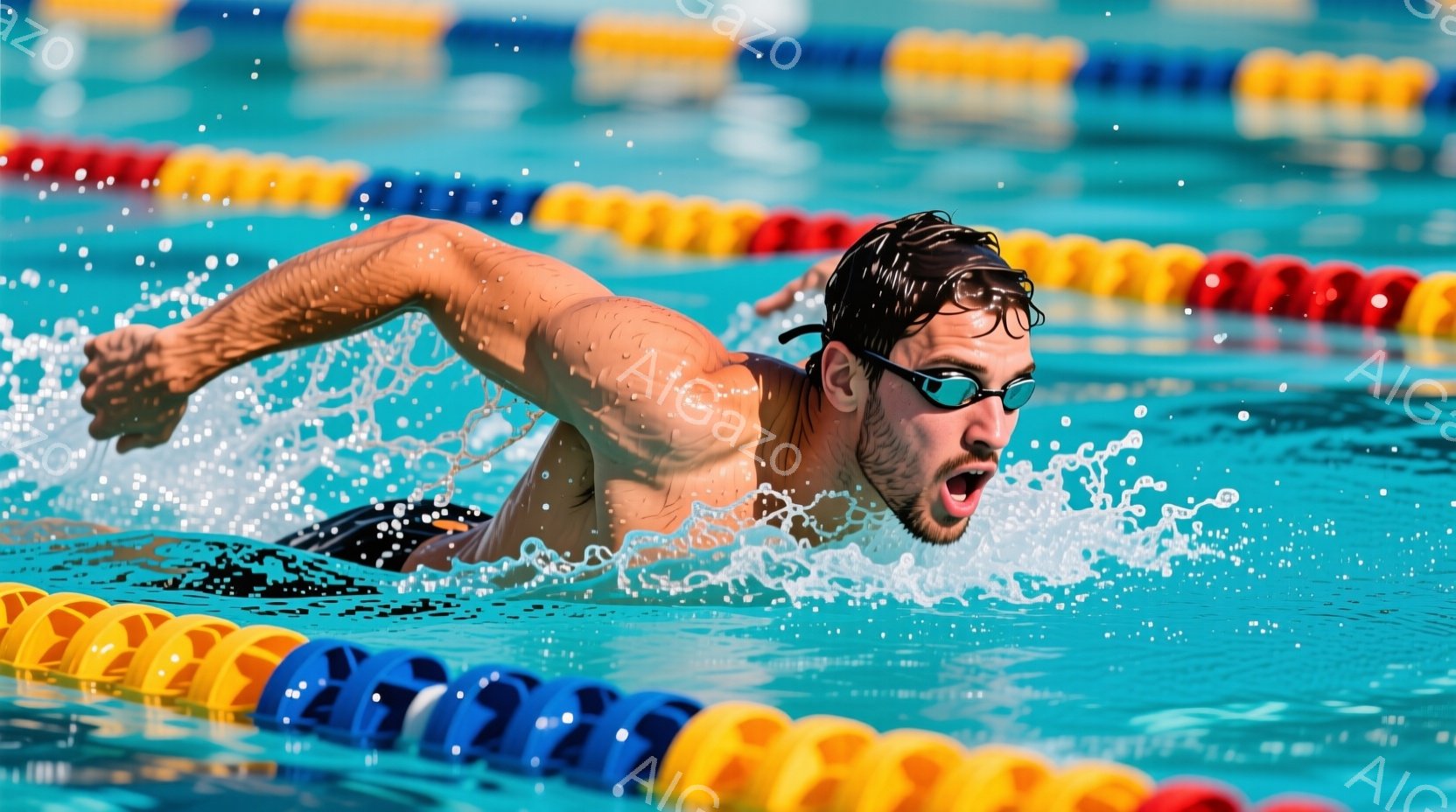 水泳選手が競泳プールでクロール泳法で泳いでいる様子が写っている。彼は黒いスイムキャップとゴーグルを着用し、水しぶきを上げながら力強く腕を伸ばしている。背景にはプールのコースロープと水面が広がり、競技の活気を感じさせる。