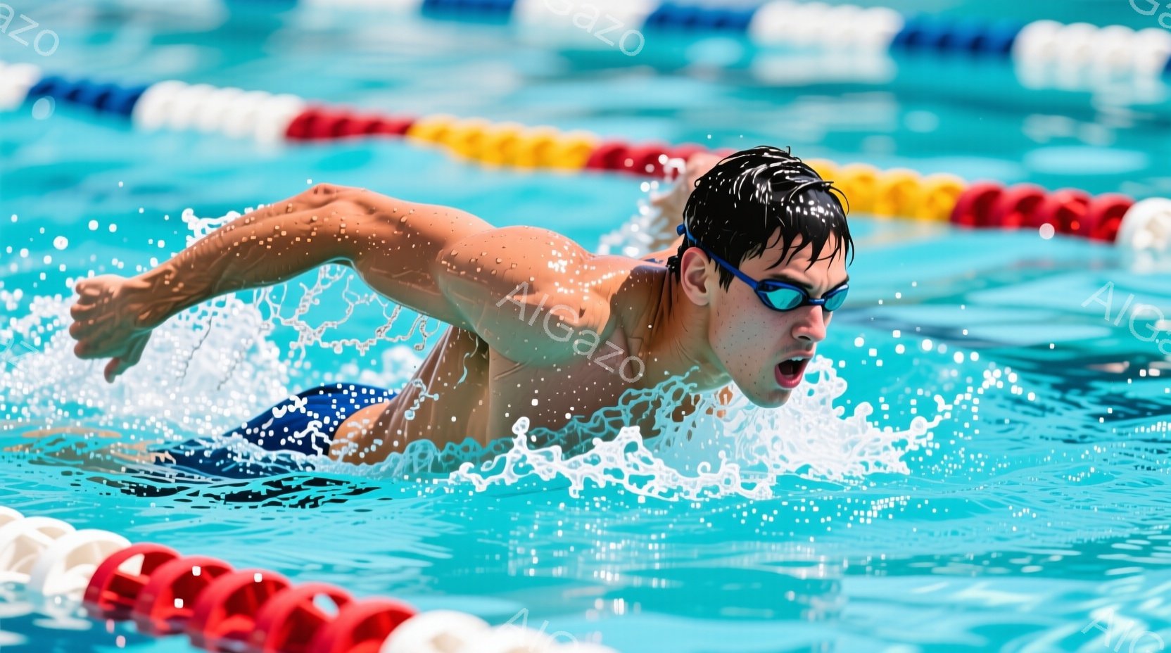 水泳競技中の男性が写っている。彼はスイミングキャップとゴーグルを着用し、水中でクロール泳法を行っており、力強いストロークで水をかき分けている。背景にはプールレーンが続き、水面には水しぶきが飛び散り、競 - AI生成フリー素材