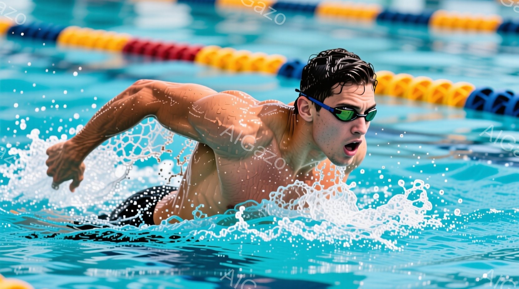 水泳選手が水中でクロール泳法で泳いでいる様子が写っている。彼はゴーグルと水着を着用し、筋肉質な体と集中した表情をしている。背景には水面の波紋とプールの壁が見え、躍動感のある雰囲気が漂っている。