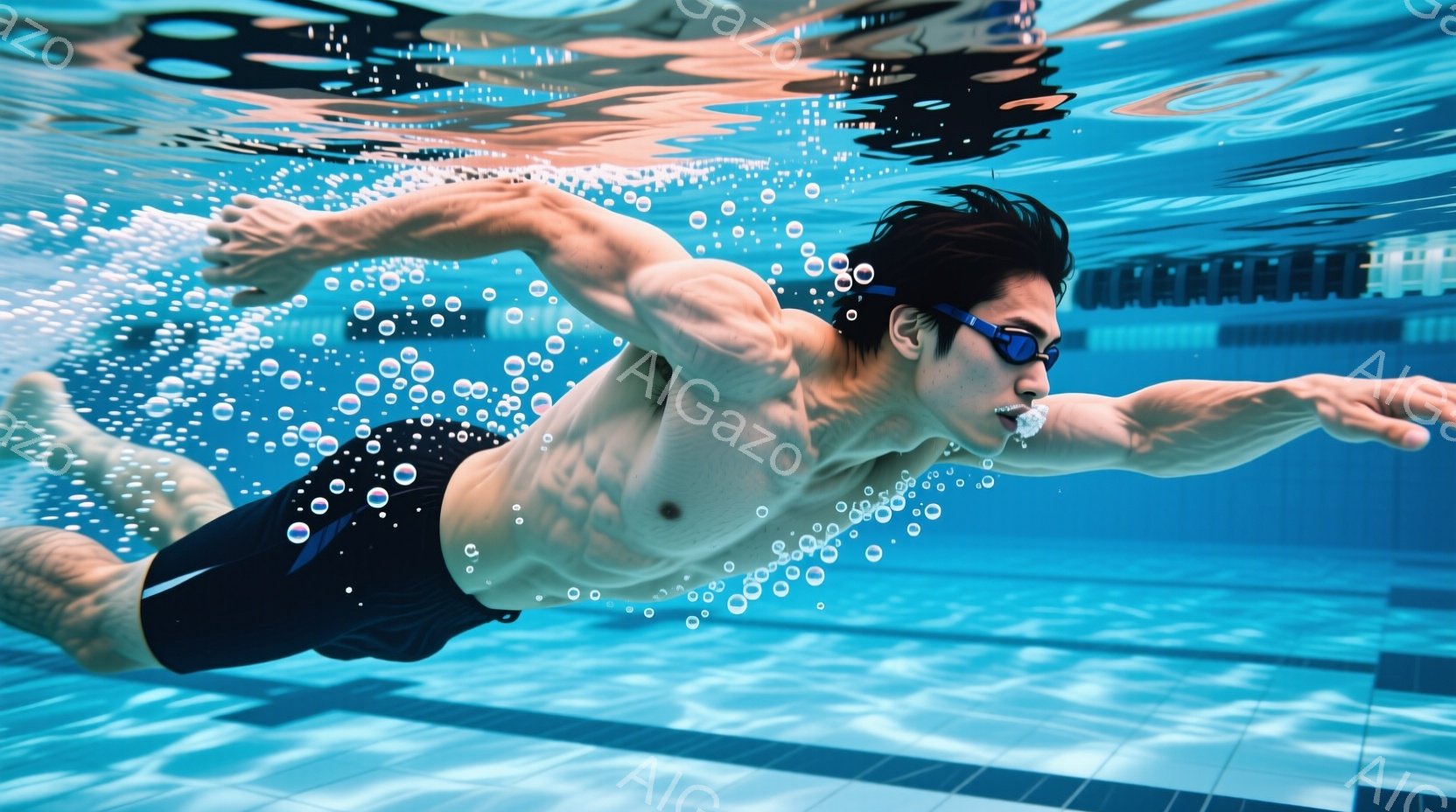 水泳選手が水中でクロール泳法で泳いでいる様子が捉えられています。彼は黒い水着を着用し、ゴーグルをかけており、顔は水中に沈んでいますが、集中した表情が伺えます。背景には水面の波紋とプールのタイルが広がり、水中の静けさと運動の活力が共存する雰囲気です。