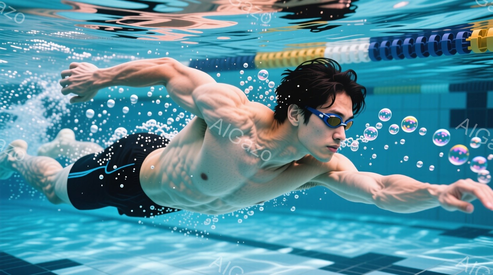 水泳選手が水中でクロール泳法で泳いでいる様子が捉えられています。彼は黒色の水着を着用し、ゴーグルをかけており、表情は集中しています。背景はプールの水面とタイルで、水中に気泡が漂い、躍動感と静寂が共存する雰囲気が漂っています。