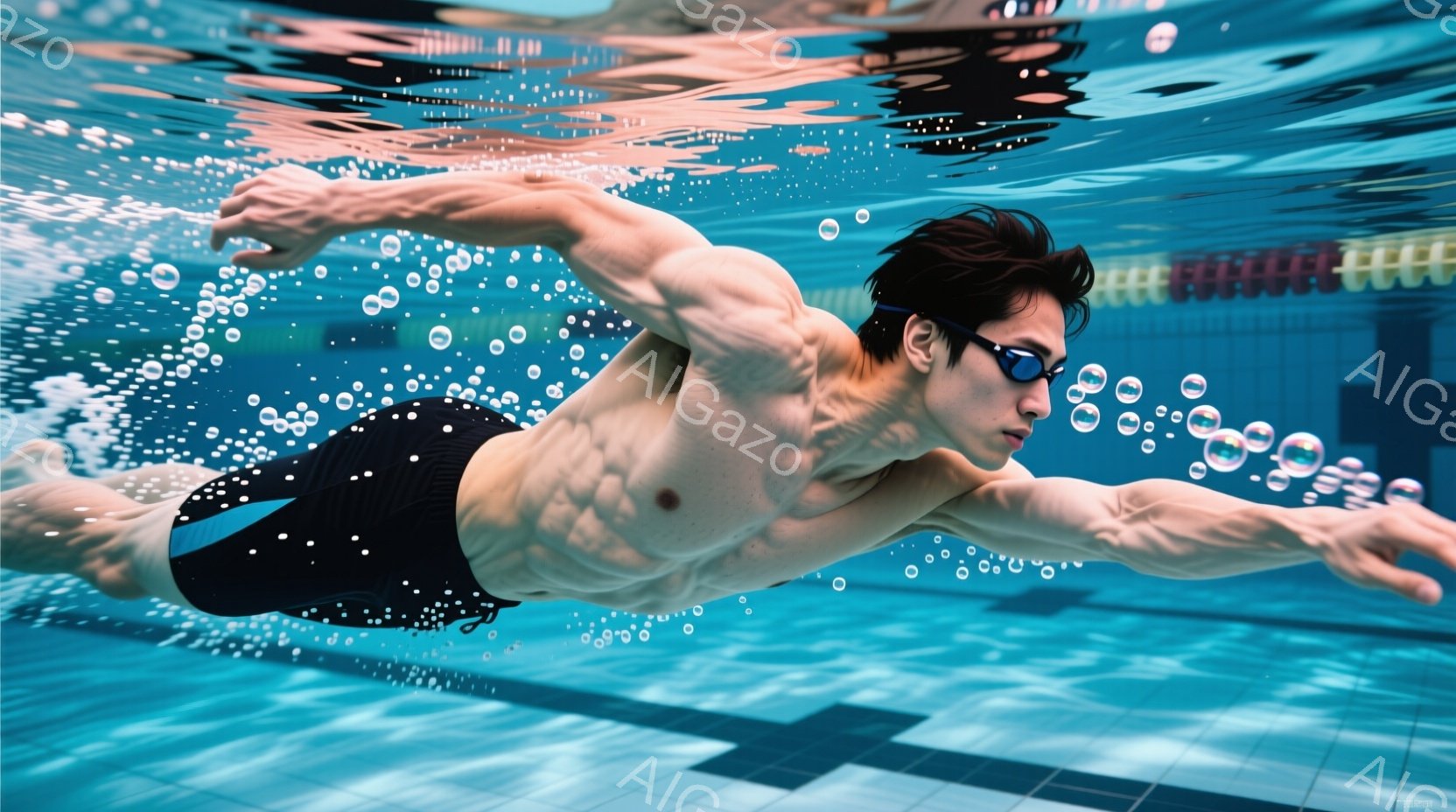 水泳選手がプール内でクロール泳法で泳いでいる様子が捉えられています。彼は黒い水着とゴーグルを着用し、力強く腕を伸ばして水をかき回しています。背景にはプールのタイルと水面の気泡が確認でき、全体的に躍動感と集中した雰囲気が漂っています。