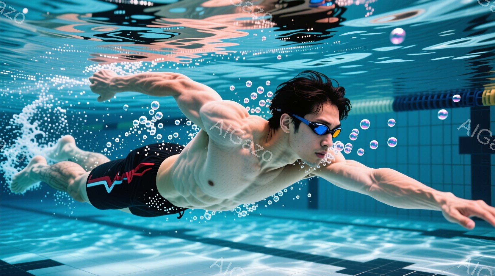 水泳選手が水中でクロール泳法で泳いでいる。黒い水着に赤いラインが入っており、ゴーグルを着用し、水しぶきが周囲に広がっている。背景はプールのタイル壁で、水中の青色が鮮やかで、躍動感あふれる瞬間を捉えている。