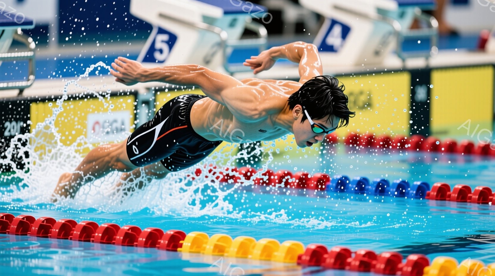 水泳選手が競泳プールの中でクロールで泳いでいる様子が捉えられています。彼は黒と赤のスイミングウェアを着用し、ゴーグルをかけ、力強い表情で前進しています。背景には水しぶきが飛び散り、プールのタイルとコー - AI生成フリー素材