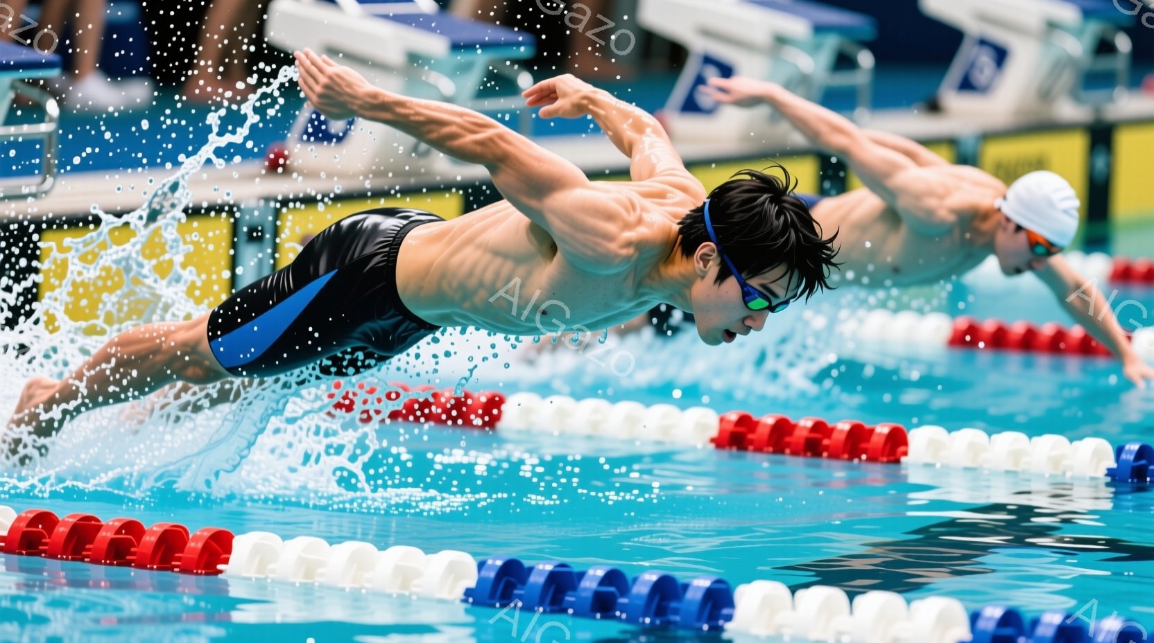 水泳競技中の男性スイマーが写っている。彼は黒と青のスイムスーツを着用し、滑らかなストロークでクロールを行っている。背景にはプールの水面とレーンロープ、そして観客席の一部が見え、競技の臨場感が伝わる。