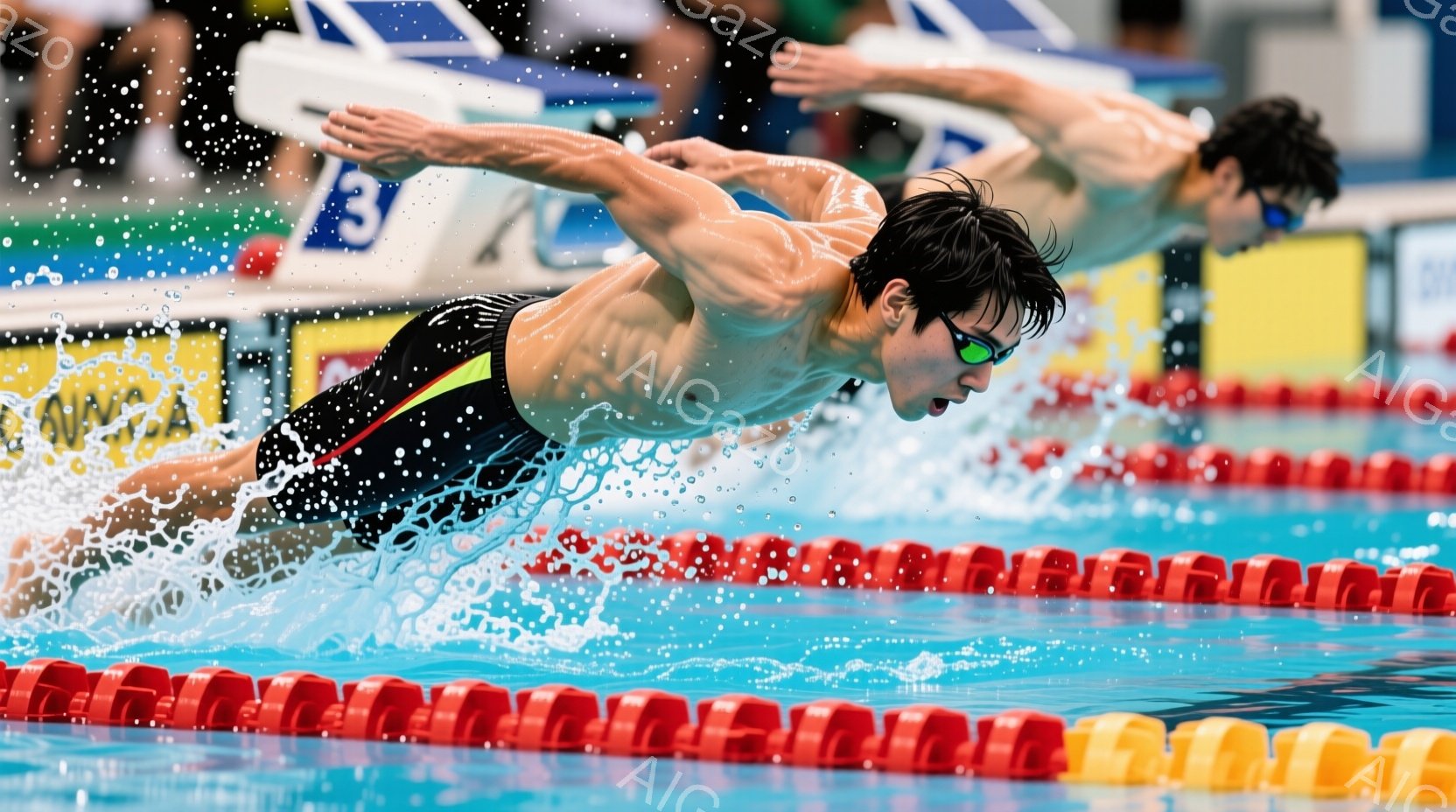 水泳競技中の男性スイマーが写っている。彼は黒色の水着を着用し、ストローク中に水しぶきを上げている。背景にはプールサイドとレーンを示すロープが見え、競技場の活気ある雰囲気が伝わってくる。