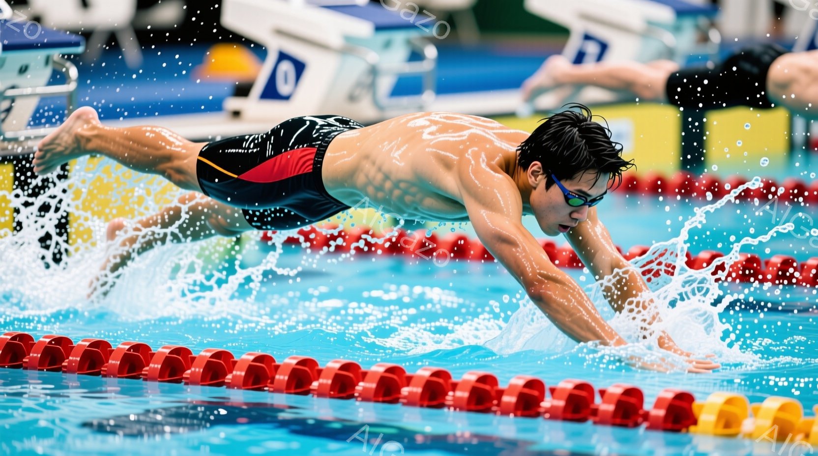 水泳選手が水中で競泳している様子が捉えられています。彼は黒と赤のストライプの水着を着用し、滑らかなストロークで前進しています。背景にはプールサイドのレーンロープと、ぼやけた観客席が見え、競技の熱気を感じさせます。