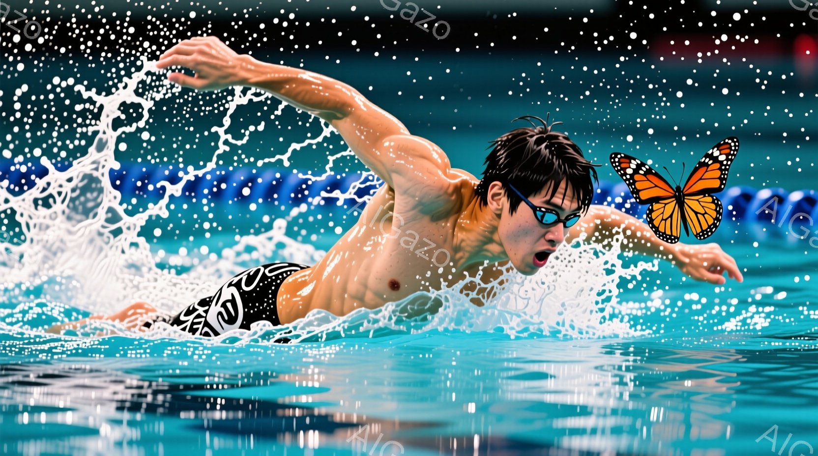 水泳選手が水中でクロール泳法で泳いでいる様子が捉えられています。彼は黒い水着とゴーグルを着用し、濡れた黒髪が顔にかかっています。背景は水しぶきと光の反射で満たされ、激しい運動とスピード感を強調しています。