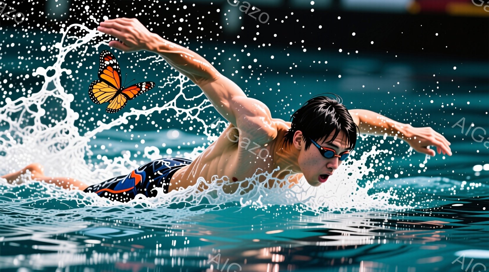 水泳選手が力強くクロールで泳いでいる様子が捉えられています。彼はゴーグルと、白地に黒と青の模様が入った水着を着用し、濡れた黒髪が水に浸かっています。背景は水しぶきが飛び散るプール内部で、集中した表情で - AI生成フリー素材