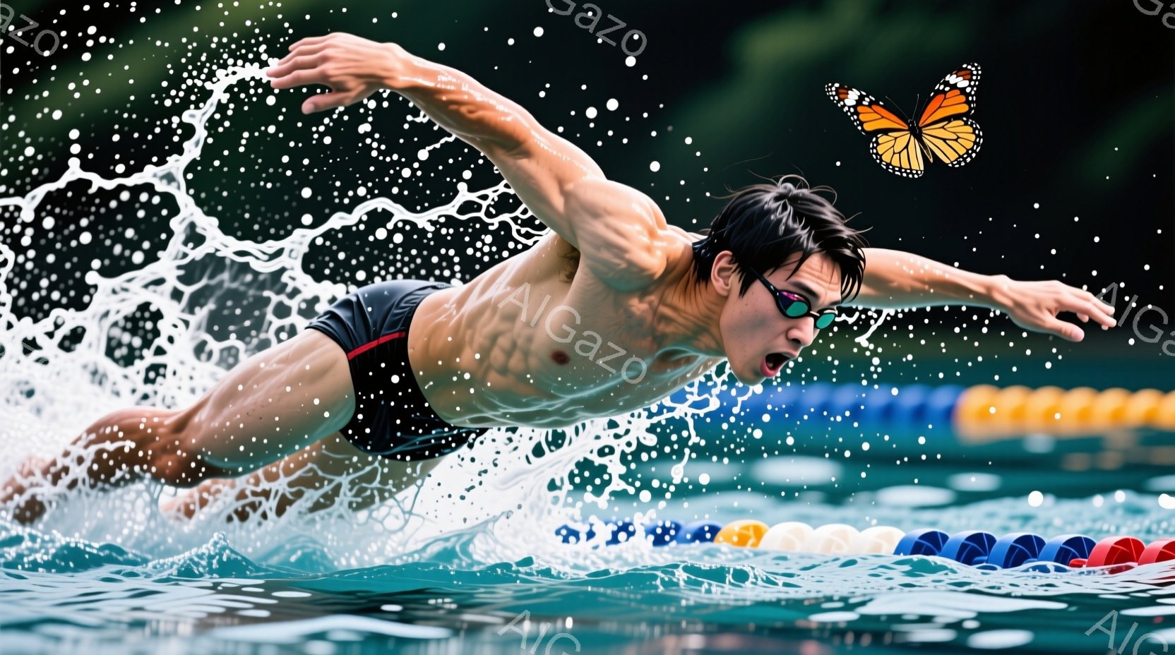 水泳選手が力強くクロールで泳いでいる様子が捉えられています。彼は黒いスイムウェアとゴーグルを着用し、濡れた髪が額にかかっています。背景には水面の波紋とプールのコースラインが見え、躍動感あふれる競技の瞬間を切り取っています。