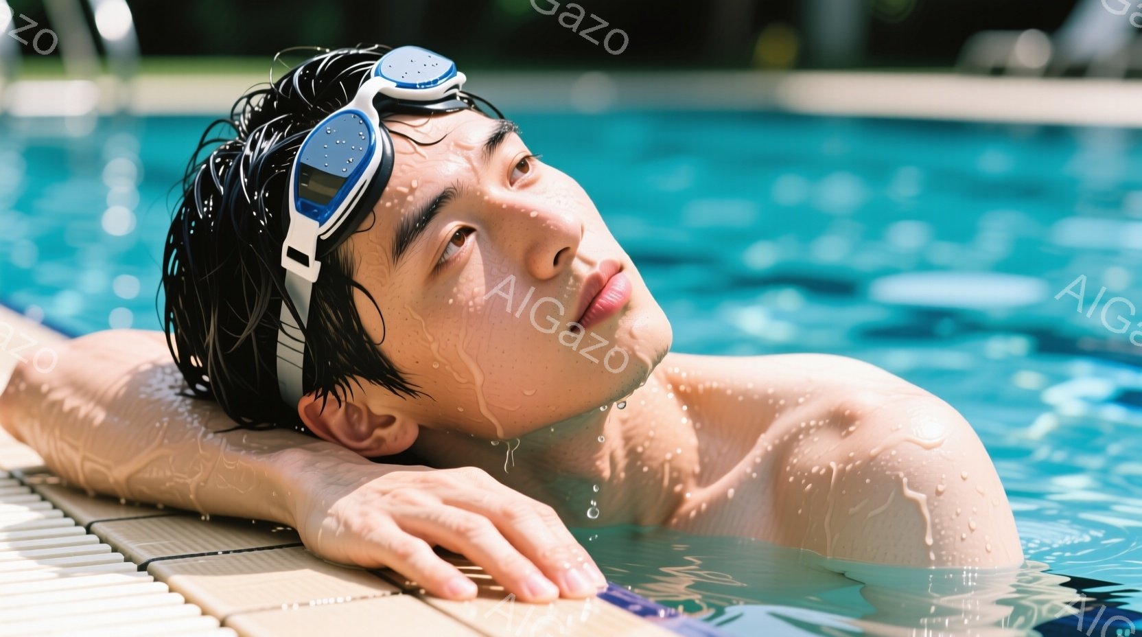 水泳帽とゴーグルをつけた若い男性が、プールの縁にもたれかかって目を閉じてリラックスしています。彼の肌には水滴が光り、健康的な日焼けの兆候が見られます。背景には穏やかな青い水面と緑の植物が見え、晴れた暖 - AI生成フリー素材