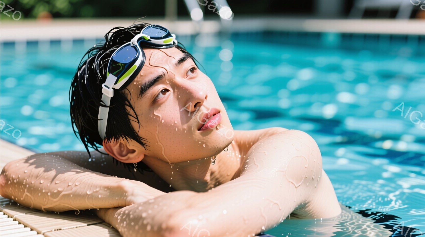 水泳ゴーグルをつけた男性が、プールの縁に体を預けてリラックスした表情でこちらを見ている。彼の肌は水滴で覆われ、濡れた黒髪が額にかかっている。背景は青いプールと、ぼやけた緑の植物が見え、晴れた日の穏やか - AI生成フリー素材