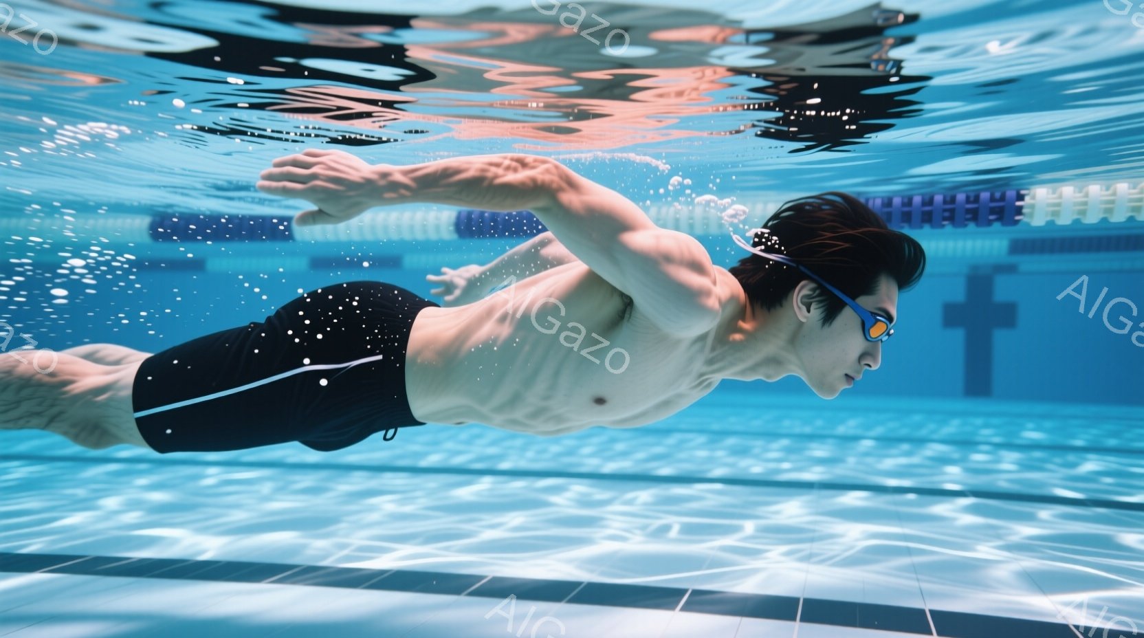 水泳選手が水中でクロール泳法で泳いでいる様子が写っている。彼は黒い水着を着用し、ゴーグルをつけており、髪は濡れて前方に広がっている。背景にはプールのタイルと水面の反射が見え、水中の静寂と運動のエネルギ - AI生成フリー素材