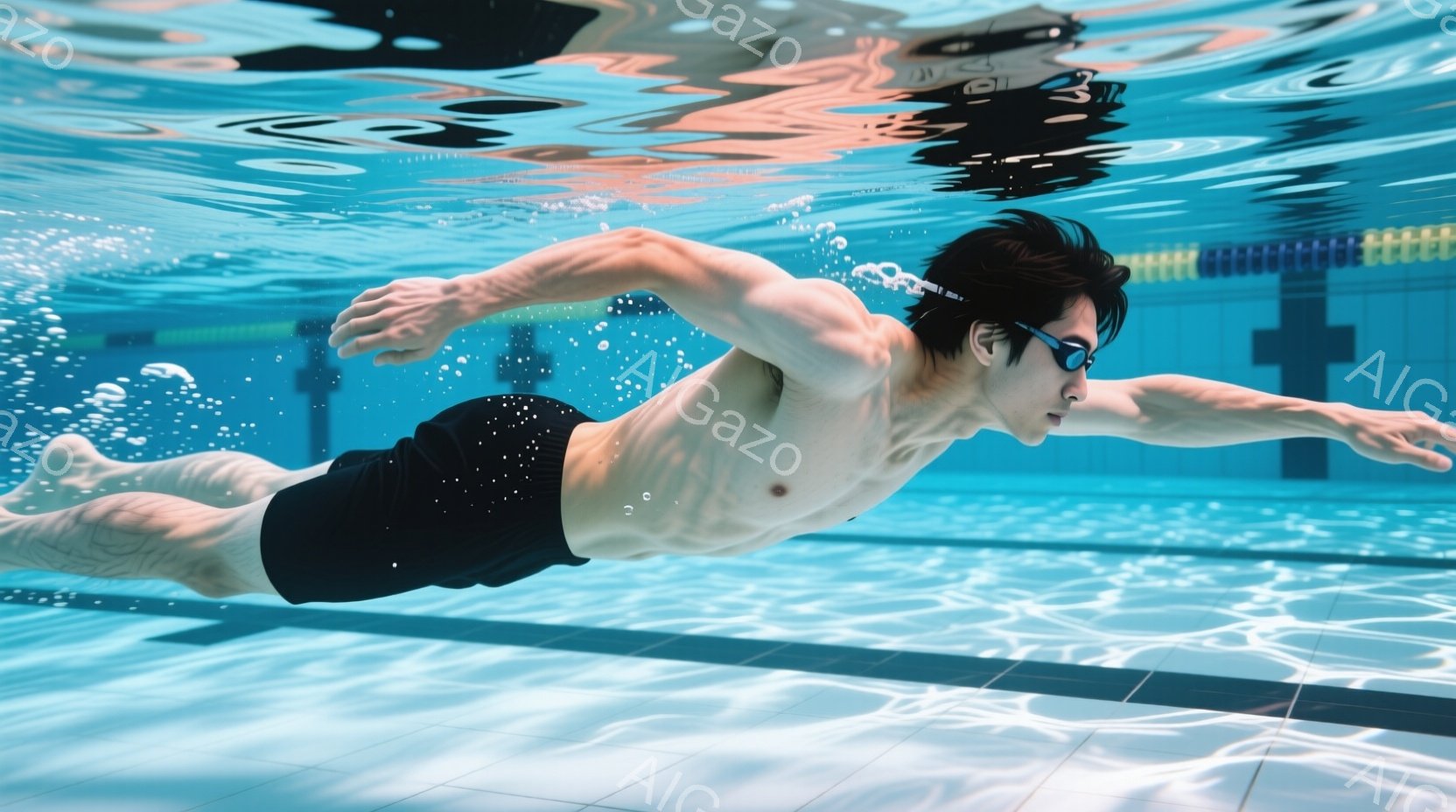 水泳選手が水中でクロール泳法で泳いでいる様子が捉えられています。彼は黒い水着とゴーグルを着用し、筋肉質な体格で、前方に真っ直ぐ伸びた姿勢で泳いでいます。背景にはプールのタイルがぼやけて見え、水中の光の反射が幻想的な雰囲気を醸し出しています。