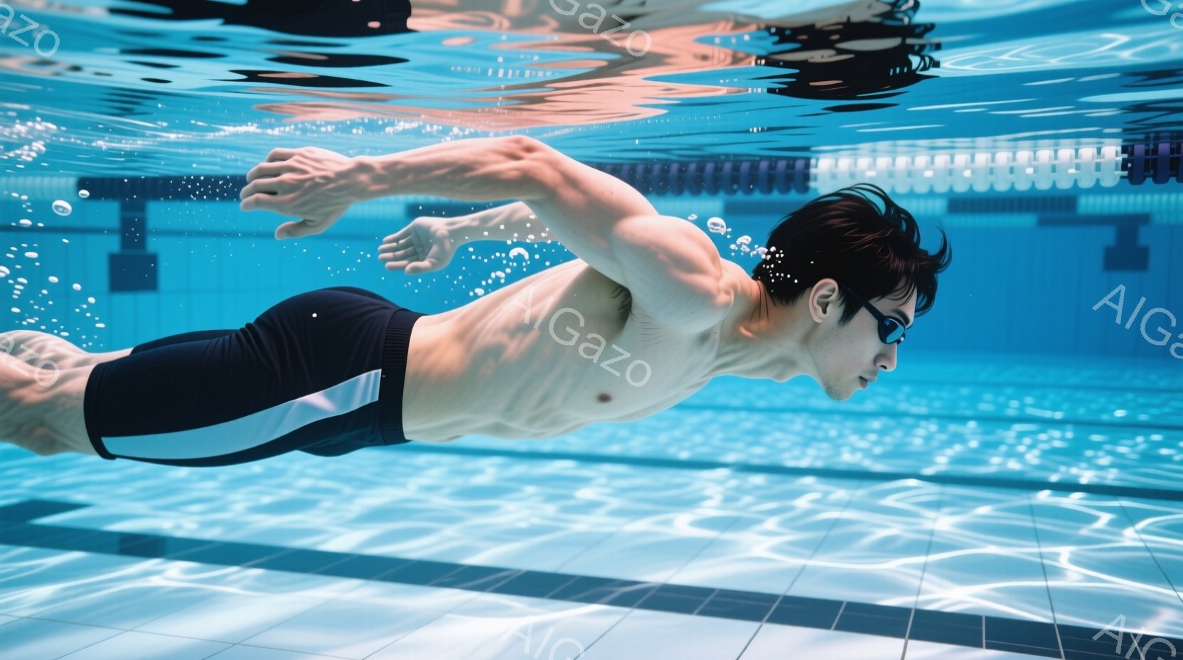 水泳選手が水中でクロール泳法で泳いでいる様子が捉えられています。彼は黒色の水着を着用し、ゴーグルをかけており、髪は濡れて額にかかっています。背景はプールの水面とタイルで、水中の光が反射して幻想的な雰囲 - AI生成フリー素材