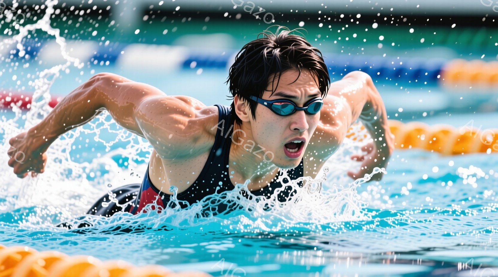 水泳選手が競泳プールでクロール泳法で泳いでいる様子が捉えられています。彼は黒と赤のストライプが入った水着を着用し、ゴーグルをかけ、集中した表情をしています。水面には水しぶきが飛び散り、背景にはプールのタイルと水中の鮮やかなオレンジ色のブイが見えます。