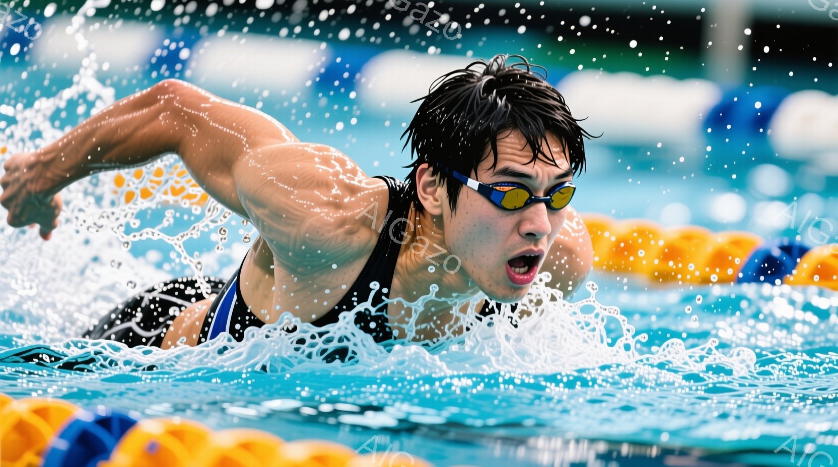 水泳選手が力強くクロールで泳いでいる様子が捉えられています。彼は黒い水着を着用し、水しぶきを上げながら前進しています。背景にはプールレーンと水面が広がり、競技の緊張感と躍動感が伝わってきます。