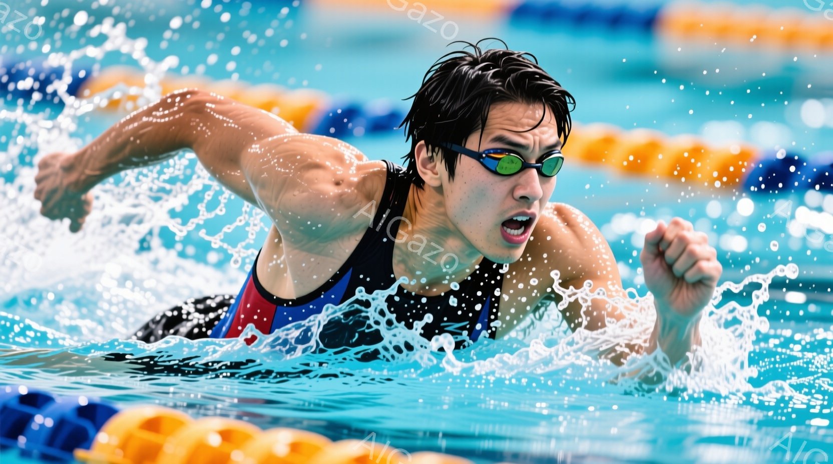 水泳選手が力強くクロールで泳いでいる様子が捉えられています。彼は競技用の水着を着用し、黒髪が水に濡れて額にかかっています。表情は真剣で、集中して泳ぎに取り組んでいることが伺えます。