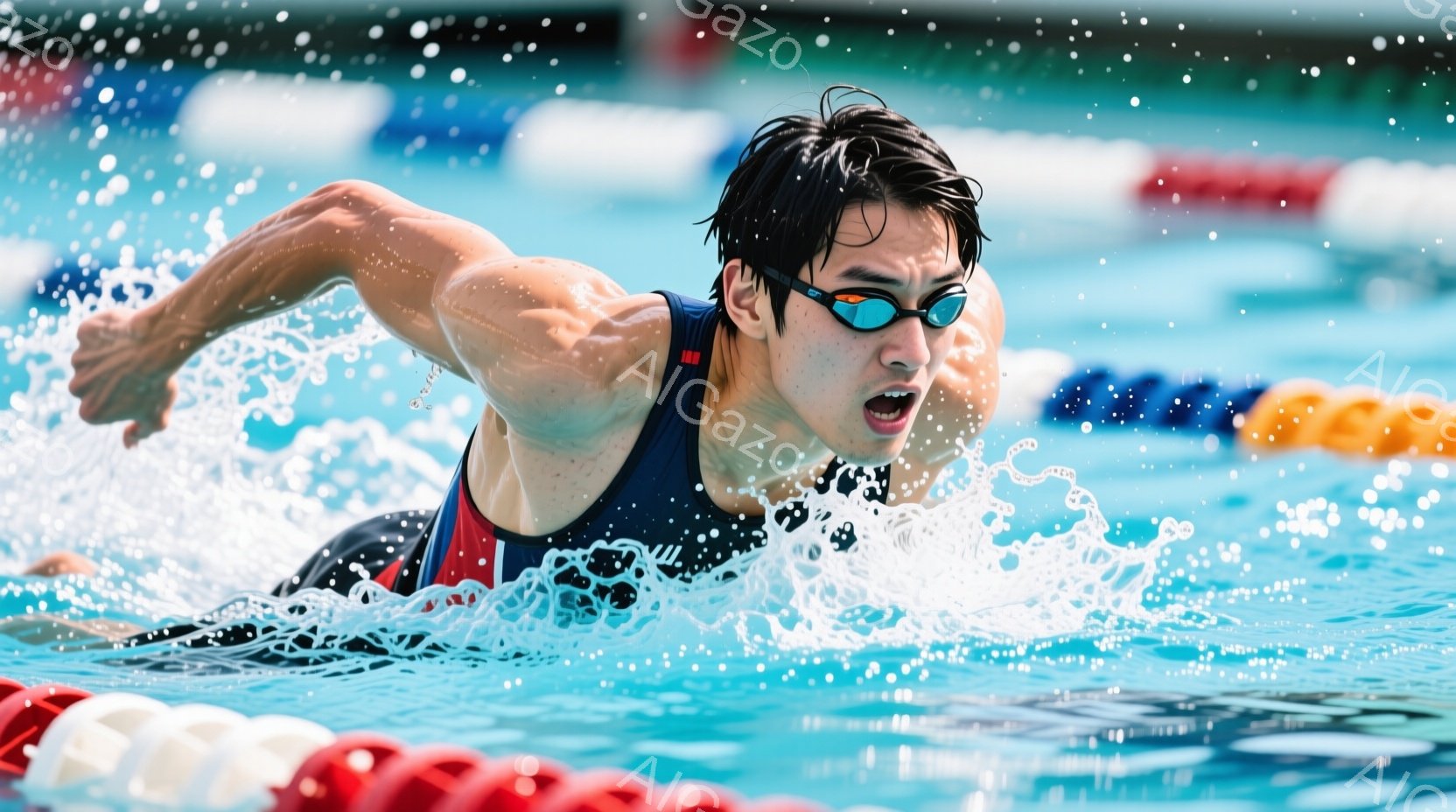 競技用の水着を身につけた男性スイマーが、力強くクロールで泳いでいる様子が捉えられています。彼は集中した表情で、水しぶきを上げながら前進しており、筋肉質な肩と腕が印象的です。背景には、赤と黄色のフロートが並び、水面の光の反射が競技場の活気ある雰囲気を醸し出しています。