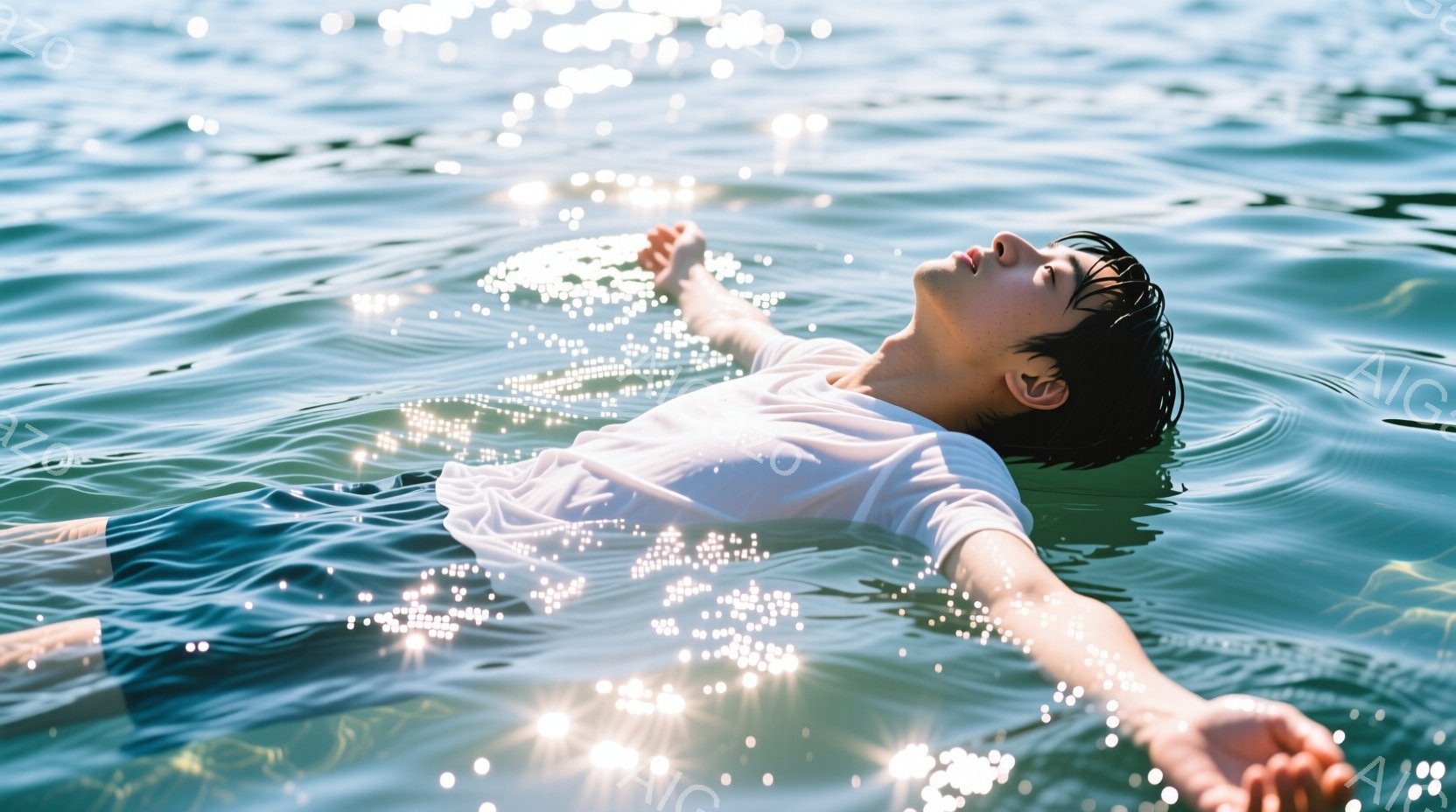 白いTシャツを着た若い男性が水面に仰向けに浮いている。彼は目を閉じ、リラックスした表情で、腕を広げ、まるで無重力空間にいるかのようだ。背景は水面が反射する太陽光でキラキラと輝き、穏やかで平和な雰囲気を醸し出している。
