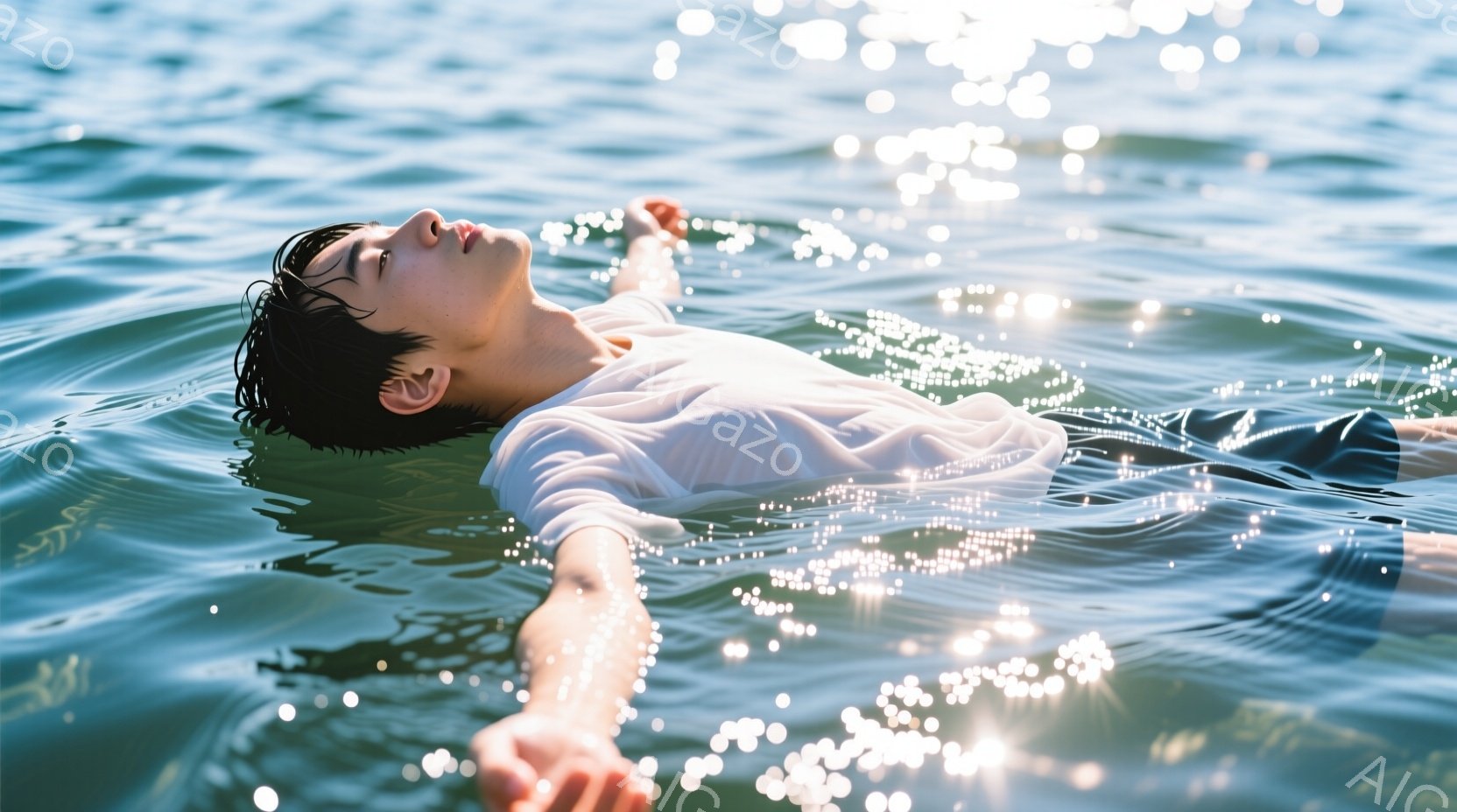若い男性が水面に仰向けに浮かんでいる様子が捉えられている。彼は白いシャツを着ており、濡れた髪が額にかかっている。水面には太陽光が反射し、キラキラと輝き、穏やかでリラックスした雰囲気を醸し出している。