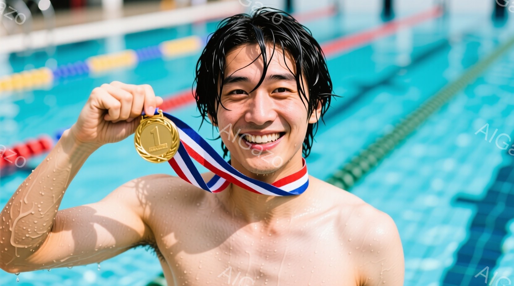 水泳競技を終えたと思われる若い男性が、金色のメダルを首から下げて笑顔でこちらを見ている。濡れた髪と肌には水滴が光り、競技後の喜びと爽やかさを表現している。背景は水色のプールの水面で、水泳競技が行われた - AI生成フリー素材
