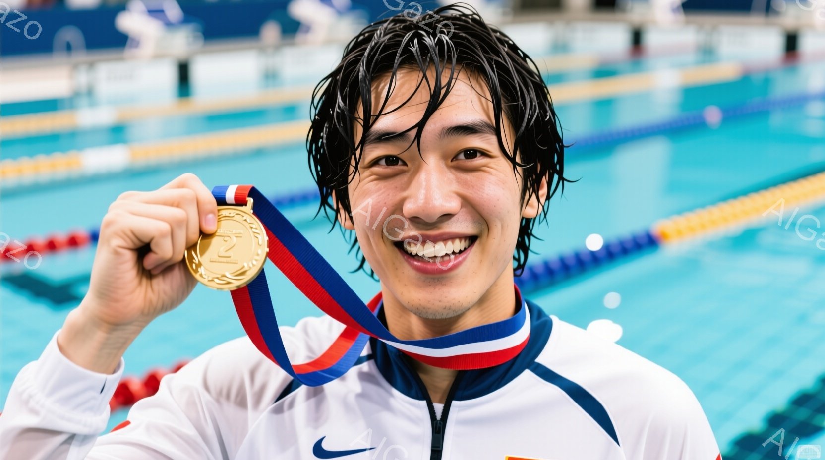 若い男性スイマーが、金メダルを首から下げて満面の笑みを浮かべている。濡れた黒髪を無造作に整え、青と赤のラインが入った白いスイミングジャケットを着用している。背景はプールの水面とタイル壁で、競技が終わった直後の喜びと達成感に満ちた雰囲気である。