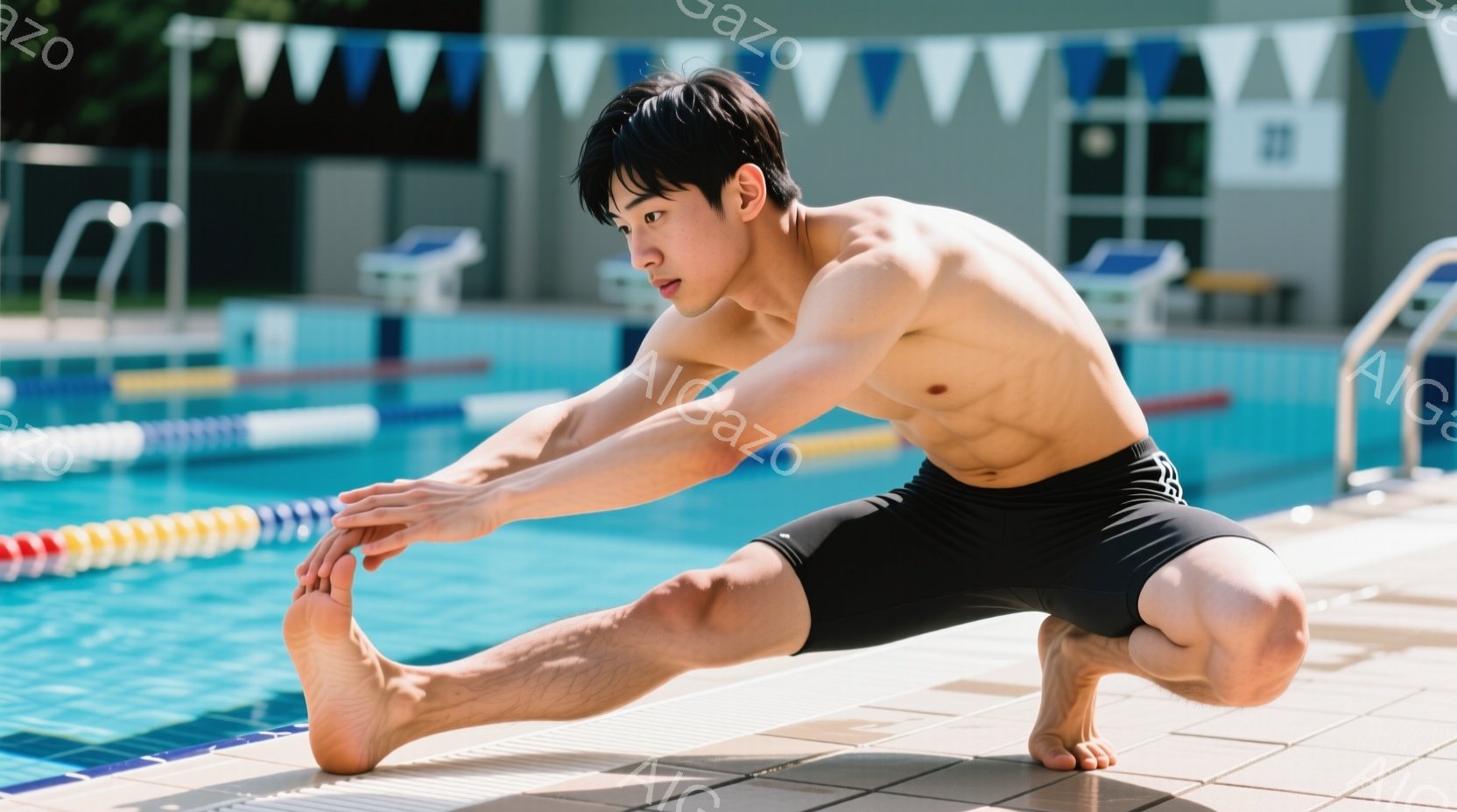 若い男性が水泳プールの縁でストレッチをしている写真です。黒いスイミングトランクを着用し、短く整髪されたヘアスタイルで、片足を伸ばしてつま先に触れようとしています。背景には水色のプール、タイル張りされた - AI生成フリー素材