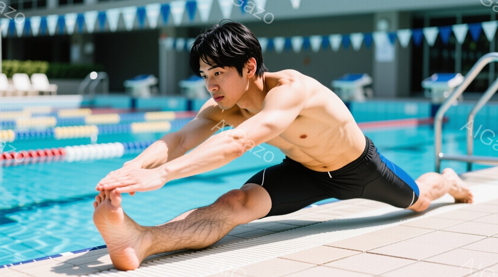 水泳場の縁で男性がストレッチをしている写真です。彼は黒と青のスイミングショーツを着用し、黒髪を短く整えています。背景には青い水面と、水泳場の建物、そして晴れた空が見え、爽やかな雰囲気が漂っています。 - AI生成フリー素材