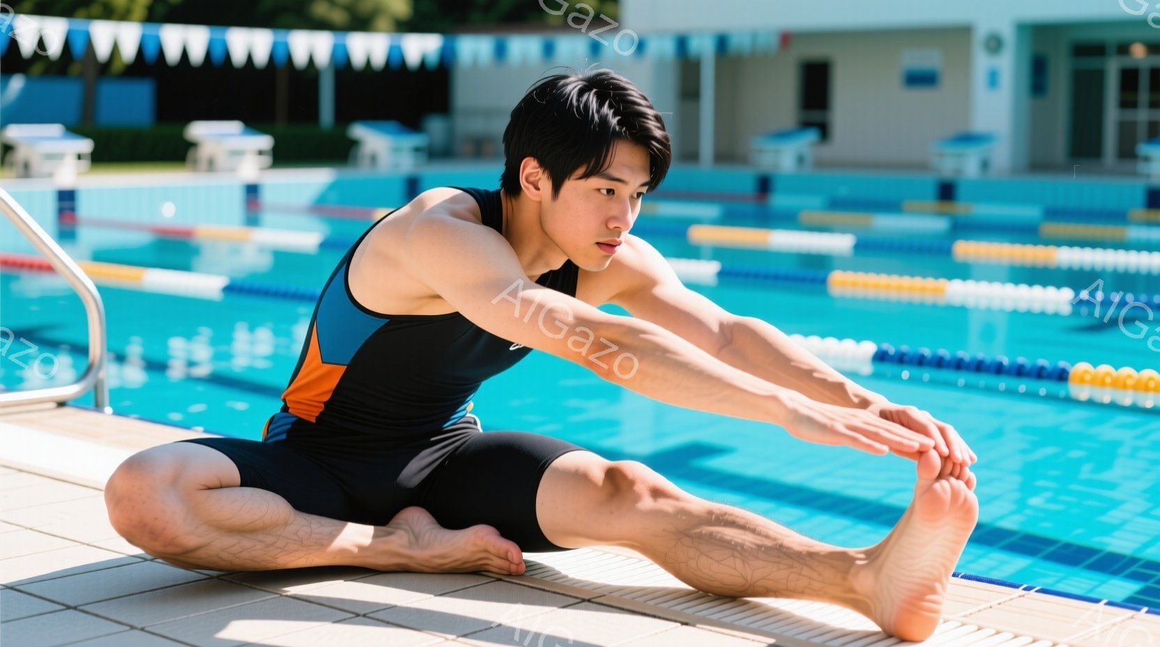 スイミングプールの端に座った男性が、片足を伸ばしてストレッチをしている。彼は黒とオレンジのスイミングスーツを着ており、短髪で引き締まった体格をしている。背景には青いプールの水面と、遠くに見える建物があ - AI生成フリー素材