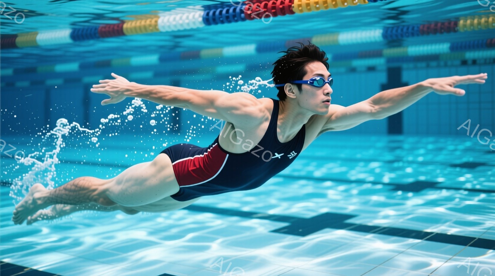 水泳選手が水中でクロール泳法で泳いでいる様子が捉えられています。濃い青色の競泳用水着を着用し、ゴーグルをかけており、髪は短く濡れています。背景はタイル張りのプールの壁と水面で、全体的に躍動感と集中した - AI生成フリー素材