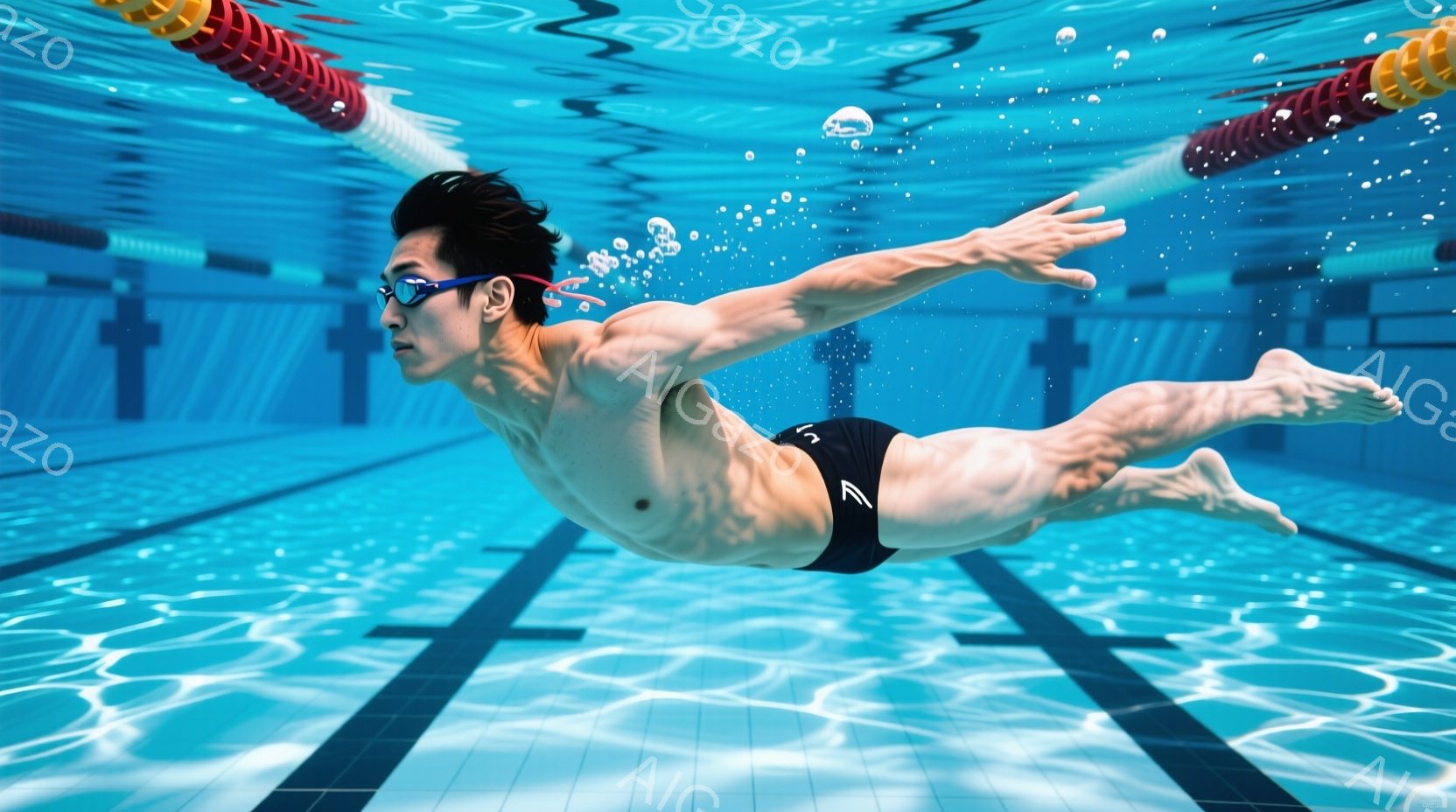 水泳選手が水中でクロール泳法で泳いでいる様子が写っている。彼は黒い水着を着用し、ゴーグルをかけている。背景はプールの水面とタイルで、水中に小さな泡が漂っている。