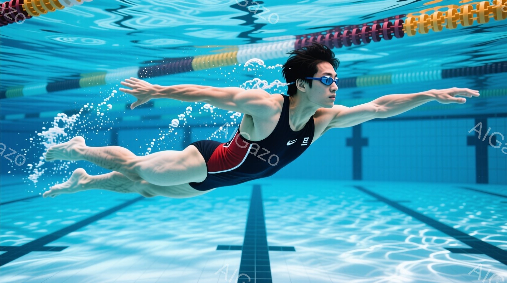 水泳選手が水中でクロール泳法で泳いでいる様子が捉えられています。黒い水着にゴーグルを着用し、髪は短く濡れています。背景はプールの水面とタイルで、水中の光が反射し、ダイナミックで活気のある雰囲気を醸し出 - AI生成フリー素材