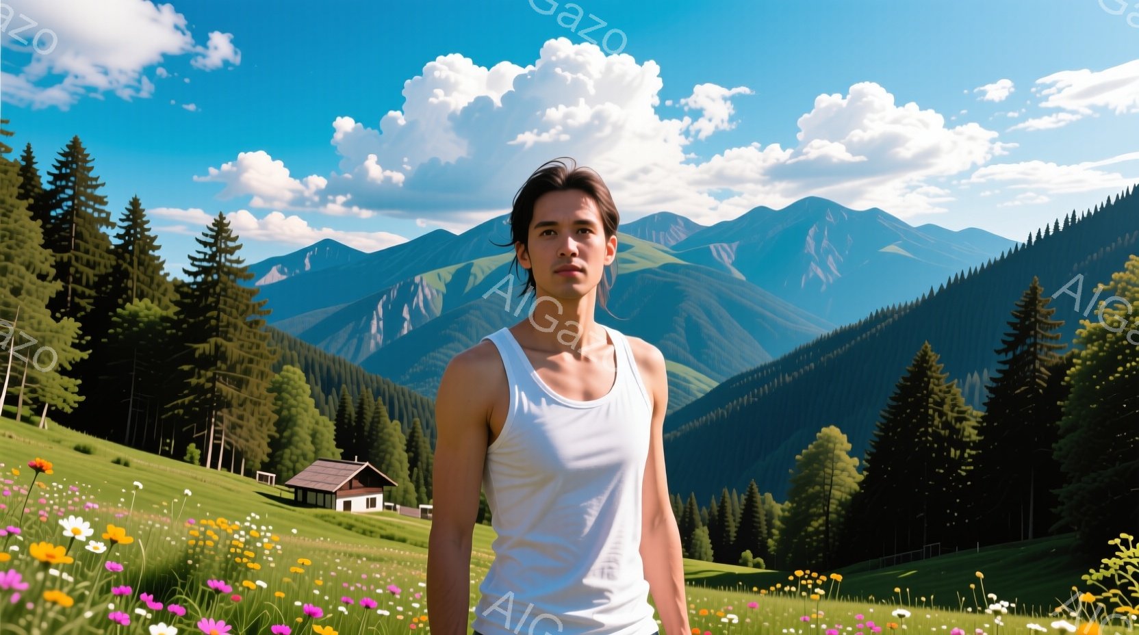 緑豊かな草原に立つ男性は、白いタンクトップを着て、黒髪を無造作に整えています。彼は正面を見据え、穏やかな表情を浮かべています。背景には、針葉樹林に覆われた山々と、小さな木造の家が見え、晴天の下、鮮やかな野花が咲き乱れる様子が、平和で自然豊かな雰囲気を醸し出しています。