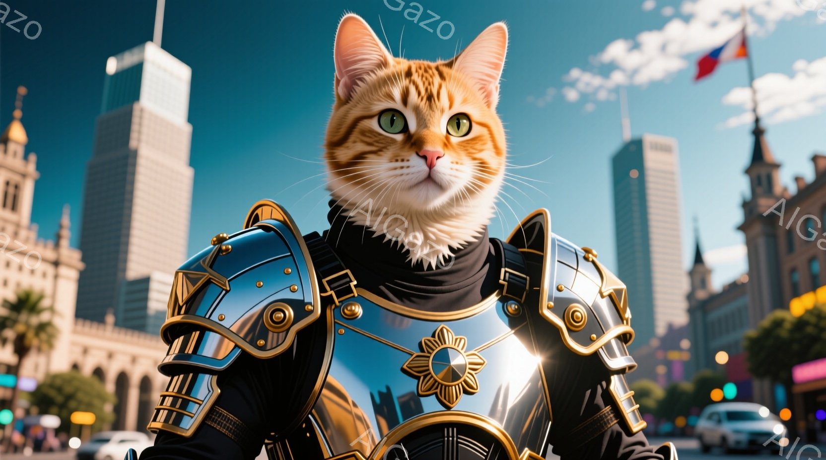 オレンジ色の毛並みの猫が、金属製の鎧を身に着けて正面を見据えています。背景には、高層ビルが立ち並び、緑の木々や青い空が広がっており、まるで中世の騎士が現代都市に現れたかのようです。全体的に、ユーモラスでありながらもどこか荘厳な雰囲気です。