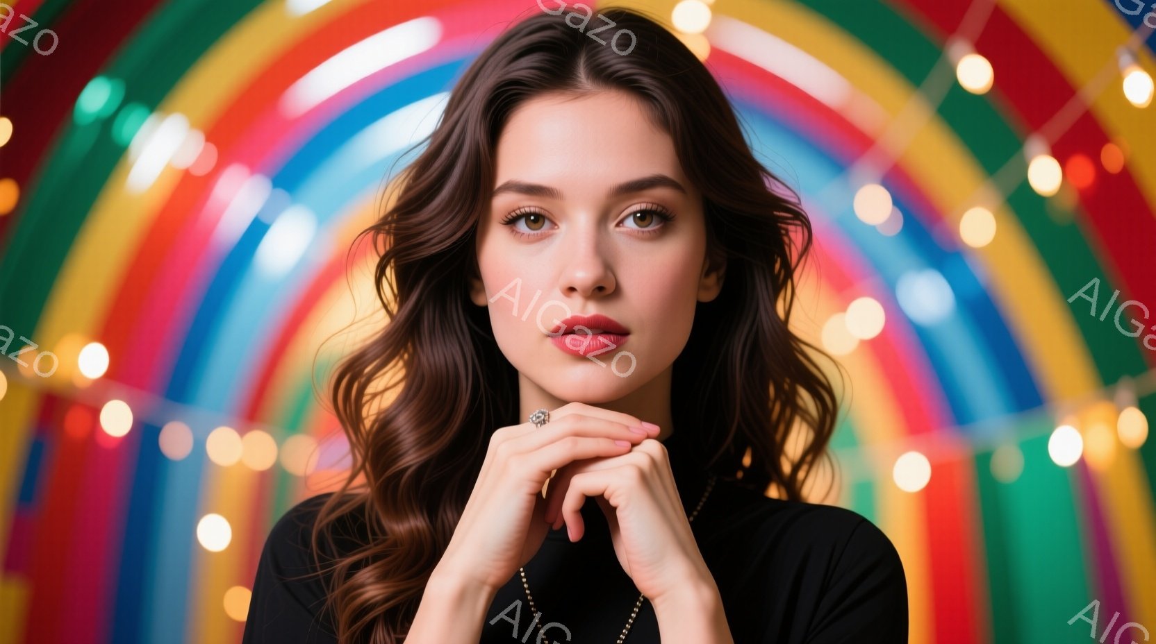 長い茶色の巻き毛が肩にかかる女性が写っている。彼女は黒いタートルネックセーターを着ており、指を組み合わせて少し微笑んでいる。背景には、カラフルな光のリングが並び、華やかで夢のような雰囲気を醸し出してい - AI生成フリー素材