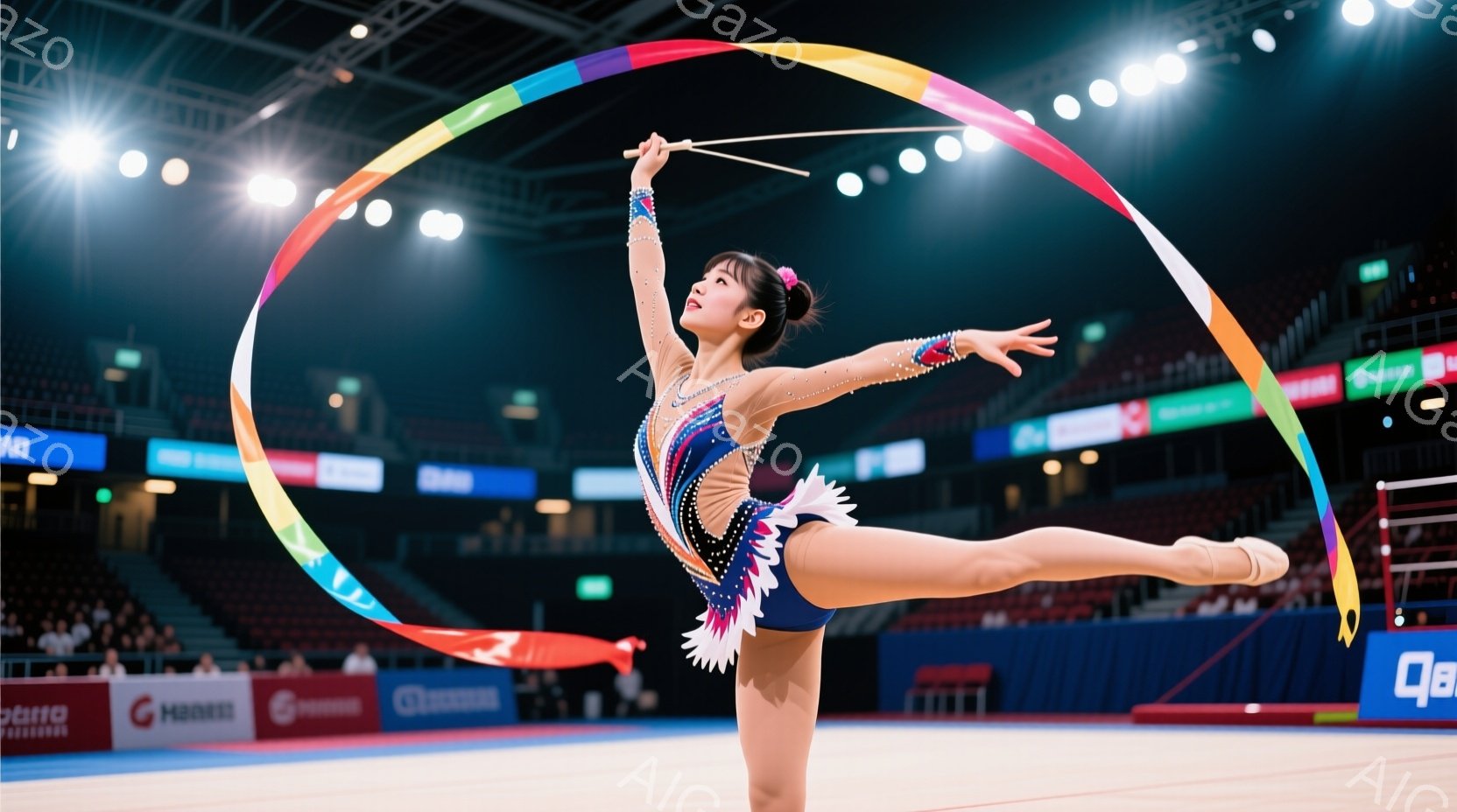 リズム体操選手が、鮮やかな虹色のリボンを空中で大きく広げ、優雅な姿勢でポーズをとっています。彼女は青と紫の美しいレオタードを着用し、髪は高くまとめられています。背景は競技会場の赤い座席で、照明が明るく、活気のある雰囲気です。